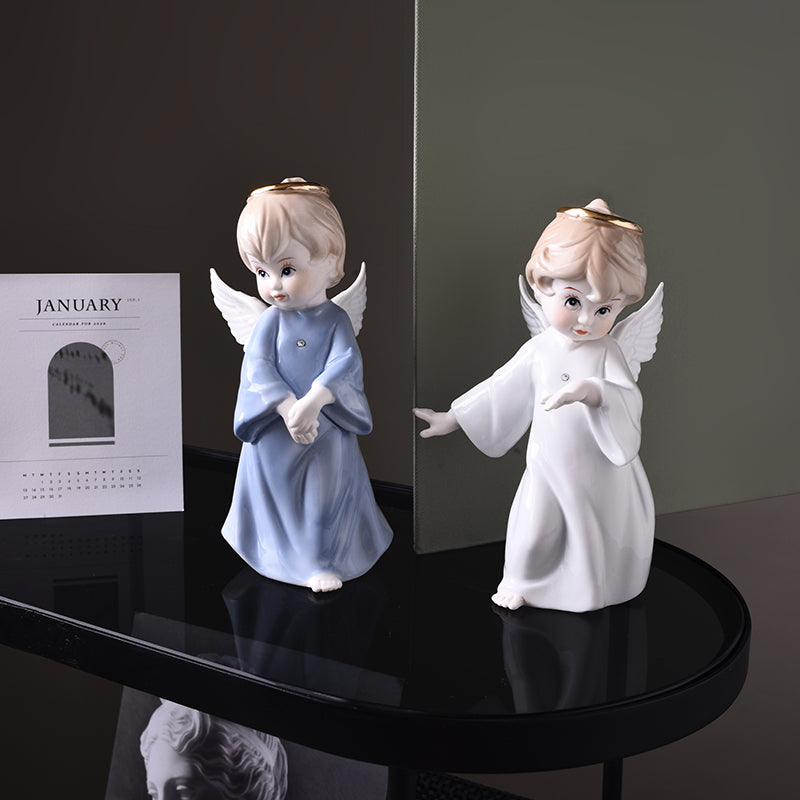 Serene Porcelain Angel Figurine | Hand-Painted Guardian Angel with Gold Halo