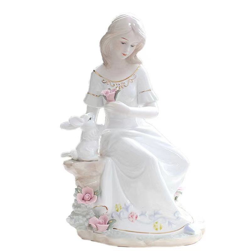 Romantic Lady with Rabbit Porcelain Figurine | Hand-Painted Classical Statue