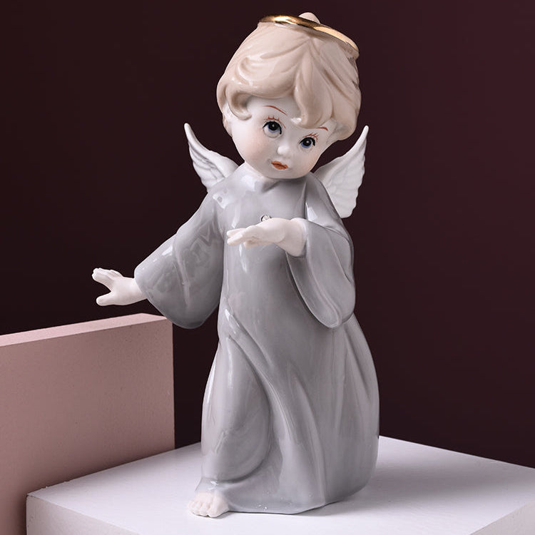 Serene Porcelain Angel Figurine | Hand-Painted Guardian Angel with Gold Halo
