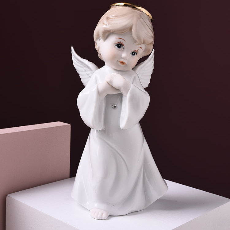 Serene Porcelain Angel Figurine | Hand-Painted Guardian Angel with Gold Halo