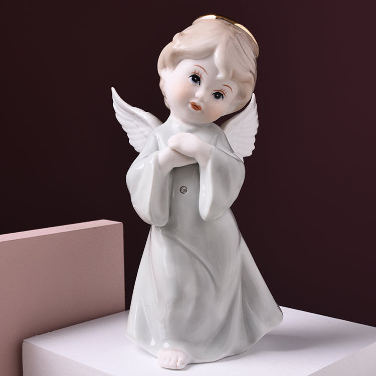 Serene Porcelain Angel Figurine | Hand-Painted Guardian Angel with Gold Halo