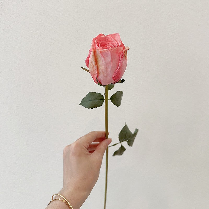 Realistic Burnt Edge Faux Rose | Single Stem Vintage Style Decor
