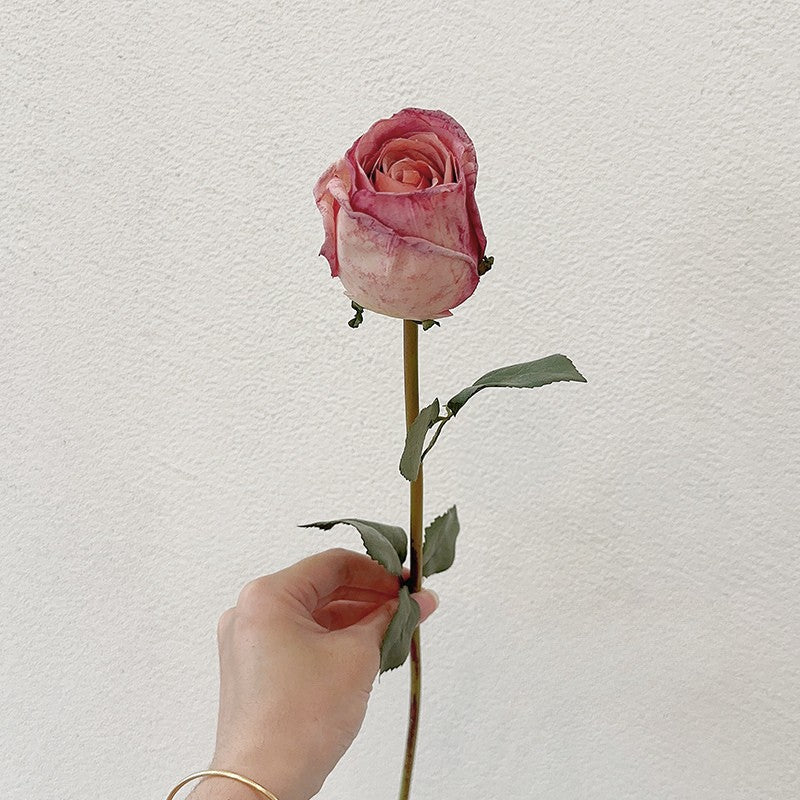 Realistic Burnt Edge Faux Rose | Single Stem Vintage Style Decor