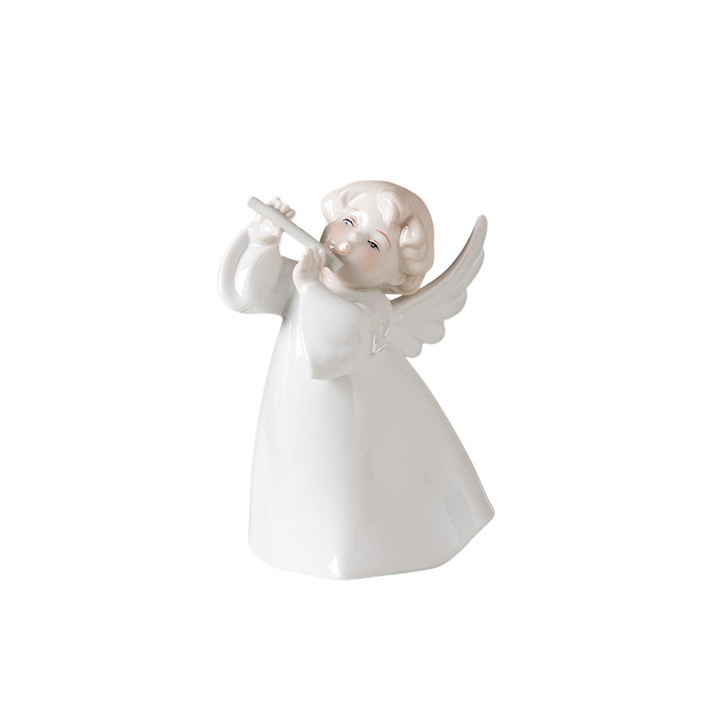 Glossy white porcelain angel figurine playing a horizontal flute with raised wings on a white background.