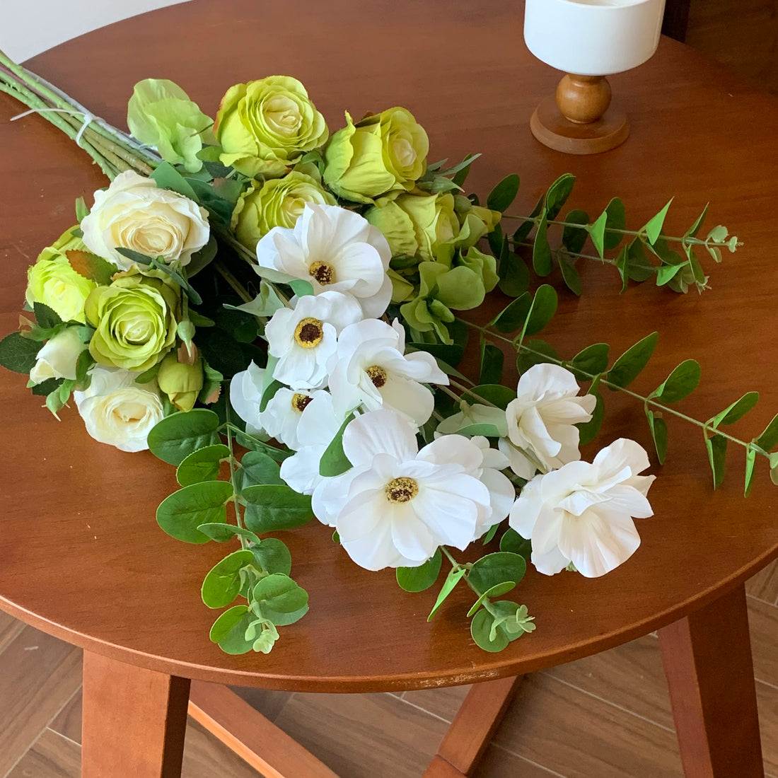 Modern Green & White Faux Flower Bouquet | Realistic Rose, Anemone & Eucalyptus Arrangement