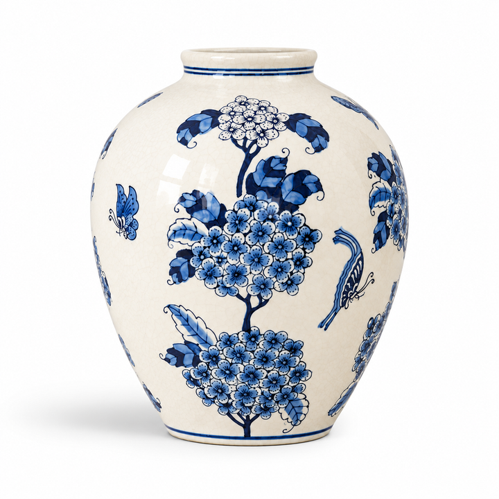 Blue and White Hydrangea Butterfly Vase – Large – full view