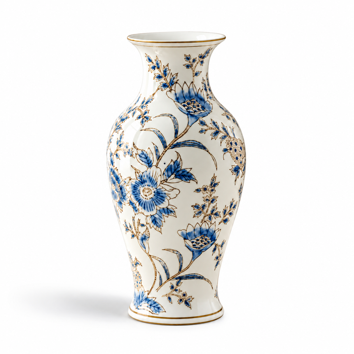 Luxury Gilded Chinoiserie Vase | Blue & White Porcelain Decor – Tall Baluster Vase (14.2") – full view