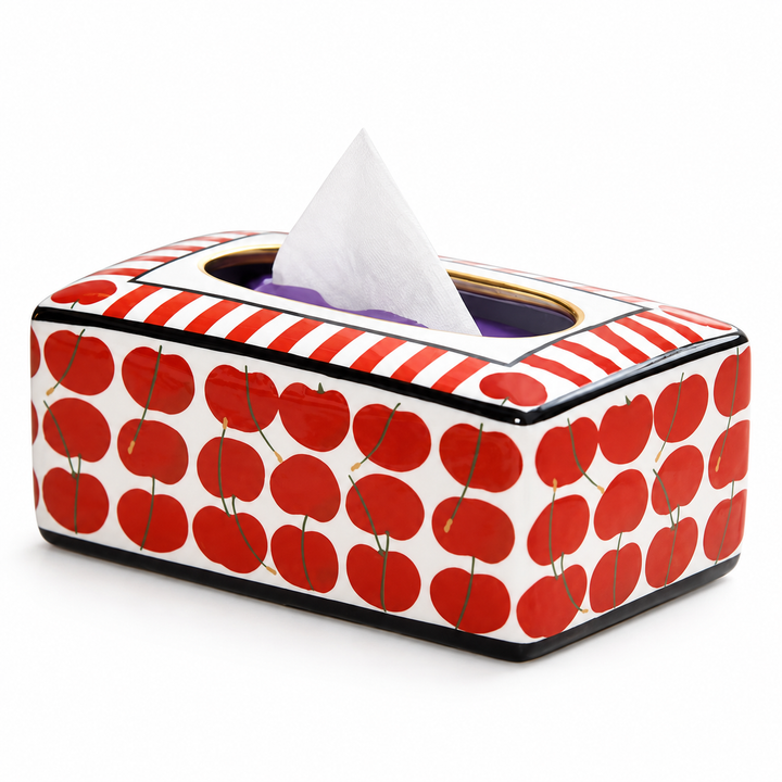 Weiße Taschentuchbox aus Keramik mit roten Kirschmotiven, gestreifter Oberseite und schwarzem Rand