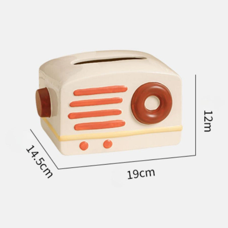 Beige and brown vintage radio-shaped container with dimensions on a white background