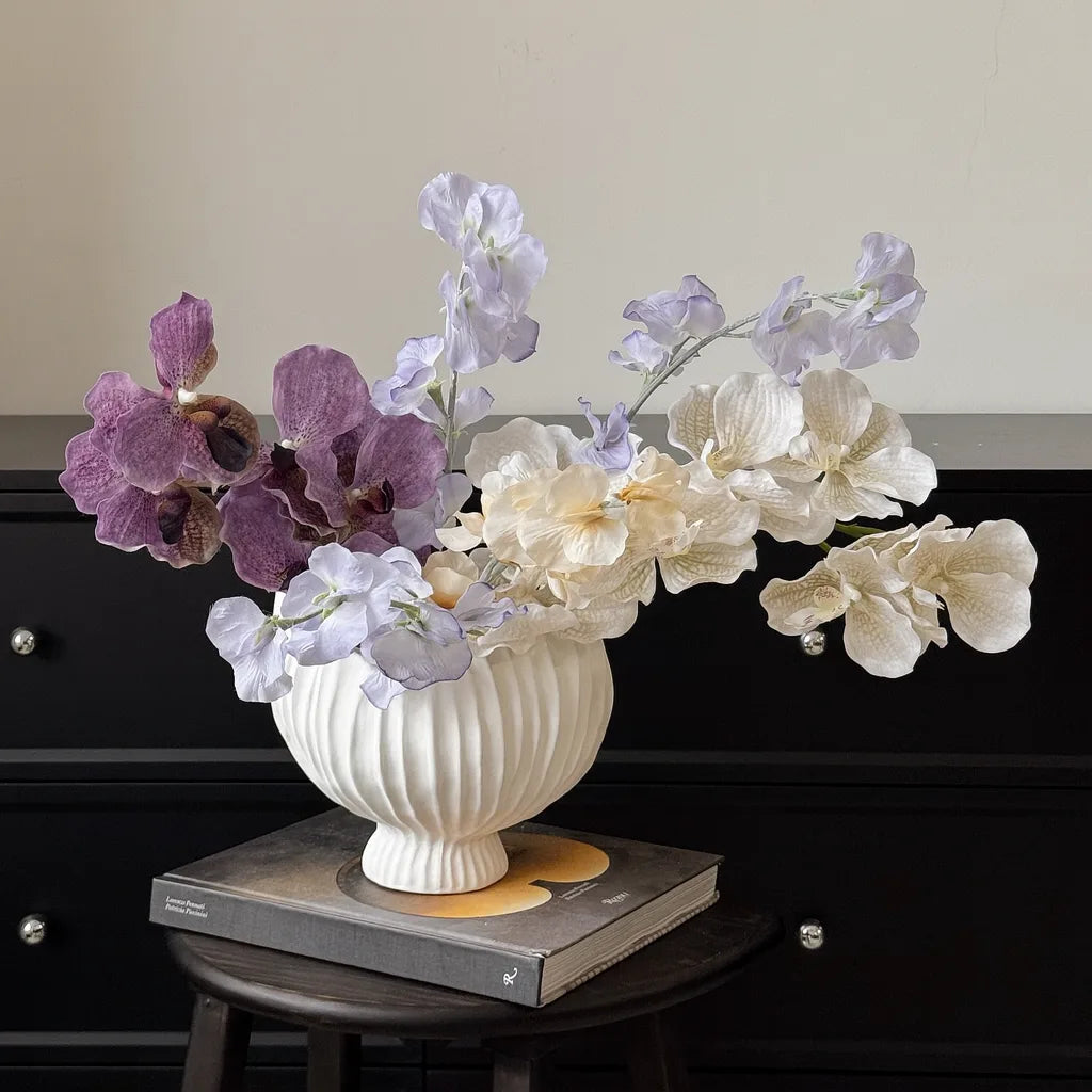 Sculptural Fluted Shell Vase | White Ceramic Pedestal Bowl for Centerpiece Decor