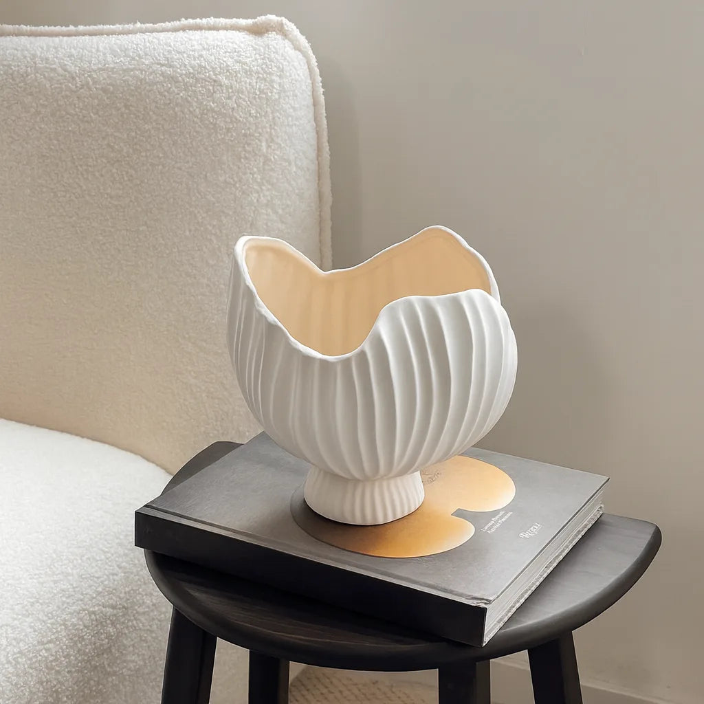 Sculptural Fluted Shell Vase | White Ceramic Pedestal Bowl for Centerpiece Decor