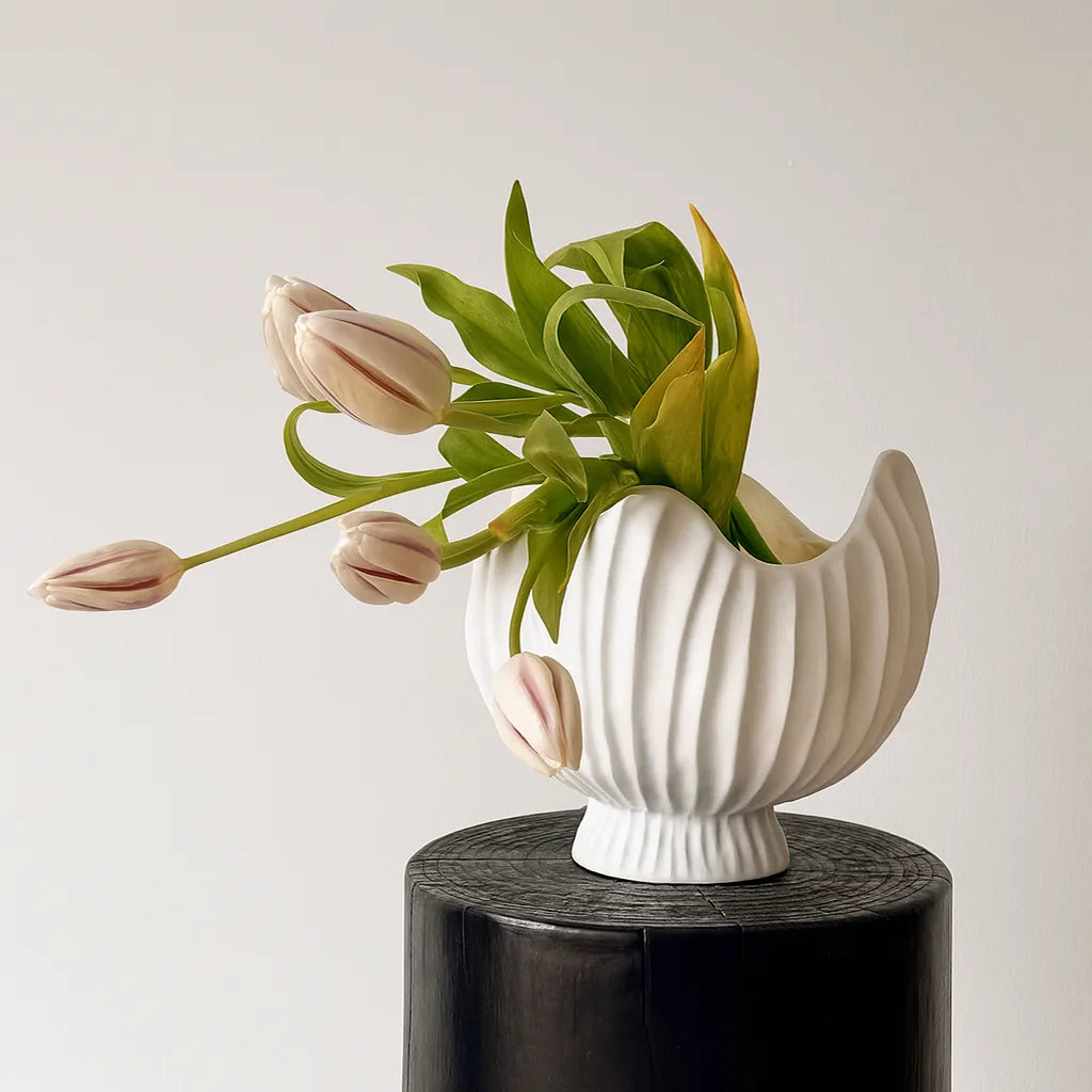 Sculptural Fluted Shell Vase | White Ceramic Pedestal Bowl for Centerpiece Decor