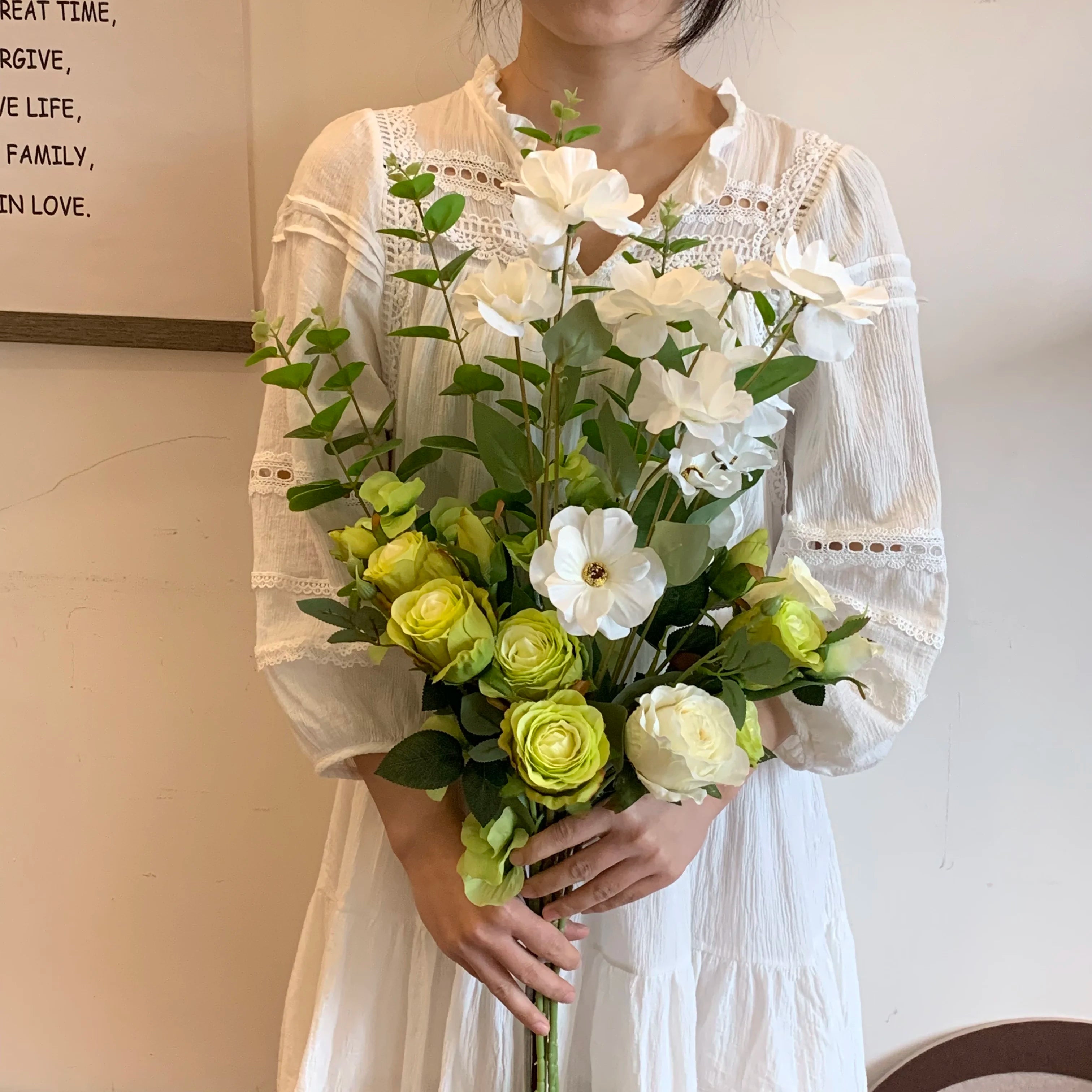 Modern Green & White Faux Flower Bouquet | Realistic Rose, Anemone & Eucalyptus Arrangement