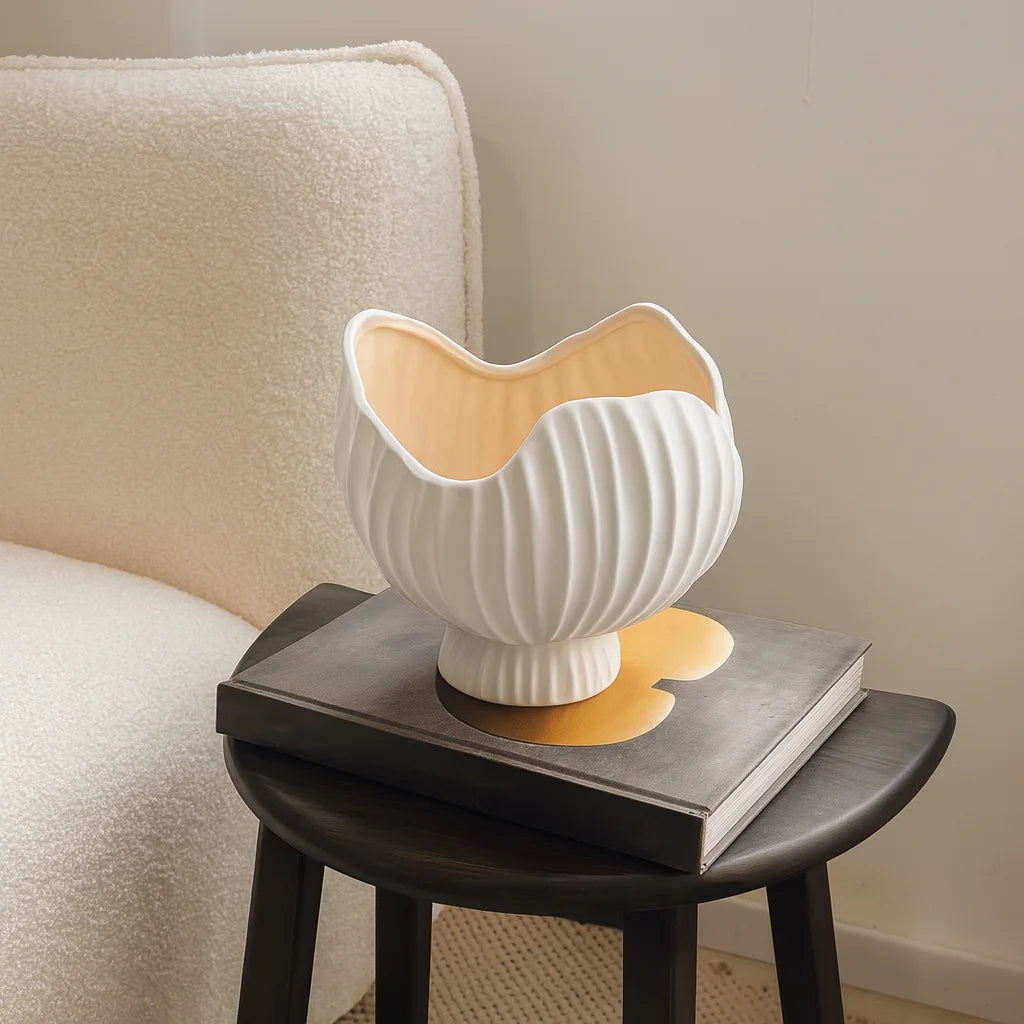 Sculptural Fluted Shell Vase | White Ceramic Pedestal Bowl for Centerpiece Decor