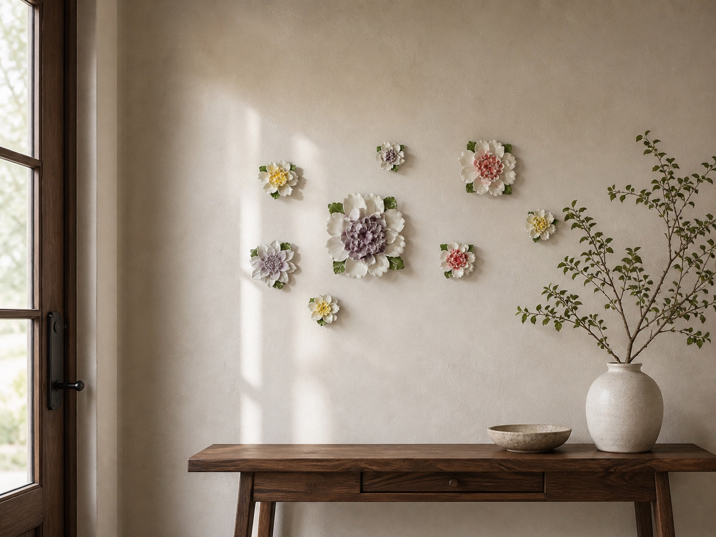 Eight ceramic wall flowers in mixed shapes, sizes, and center colors above a walnut entry console.