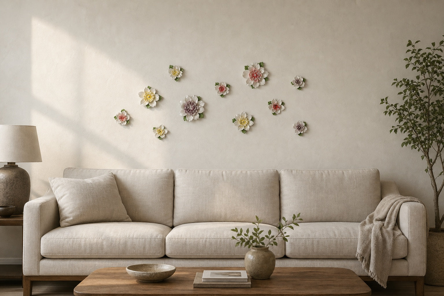 Ten small ceramic wall flowers arranged with open space above a full-size cream sofa.