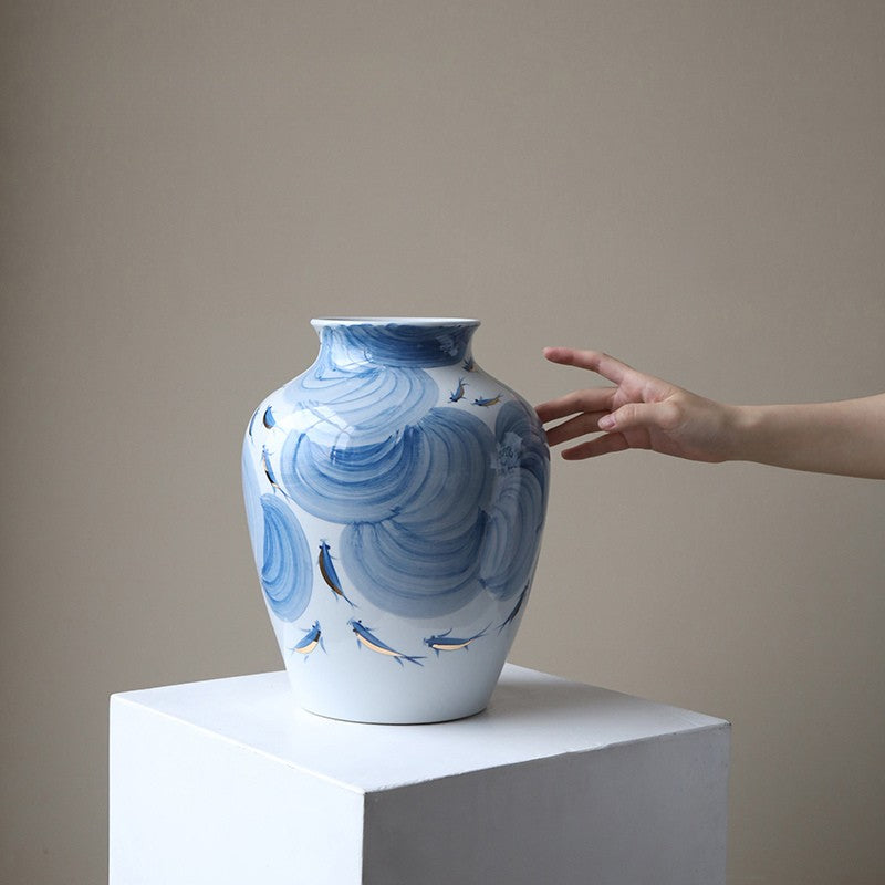 Hand-Painted Blue & White Koi Vase | Artisan Gilded Porcelain Art