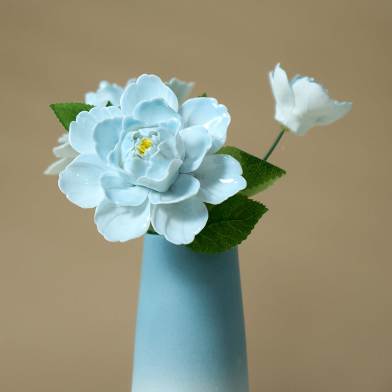 "The Sky Blue Peony" Set | Handcrafted Porcelain Flowers in Ceramic Vase
