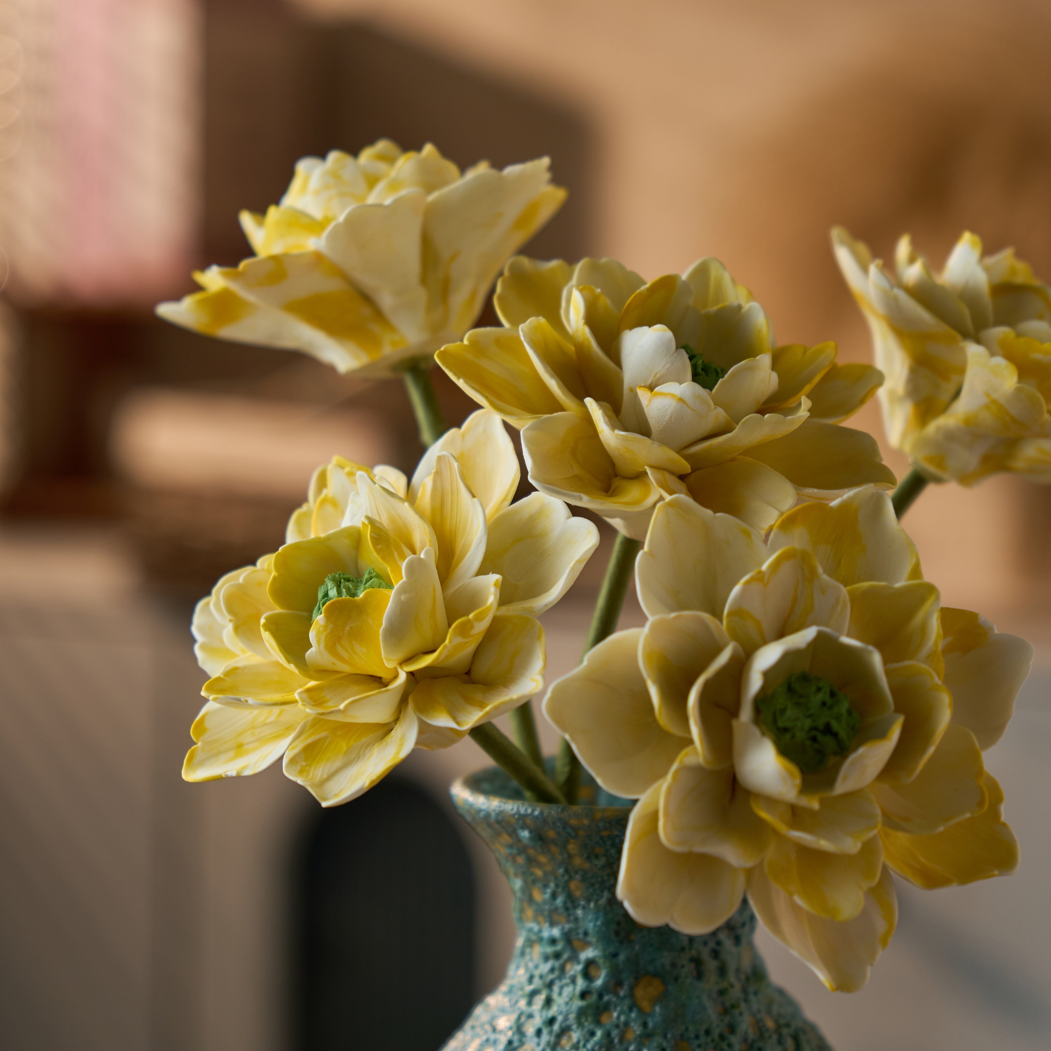 "The Peony Bloom Aroma" Set | Handcrafted Ceramic Peony Diffusers in Vase