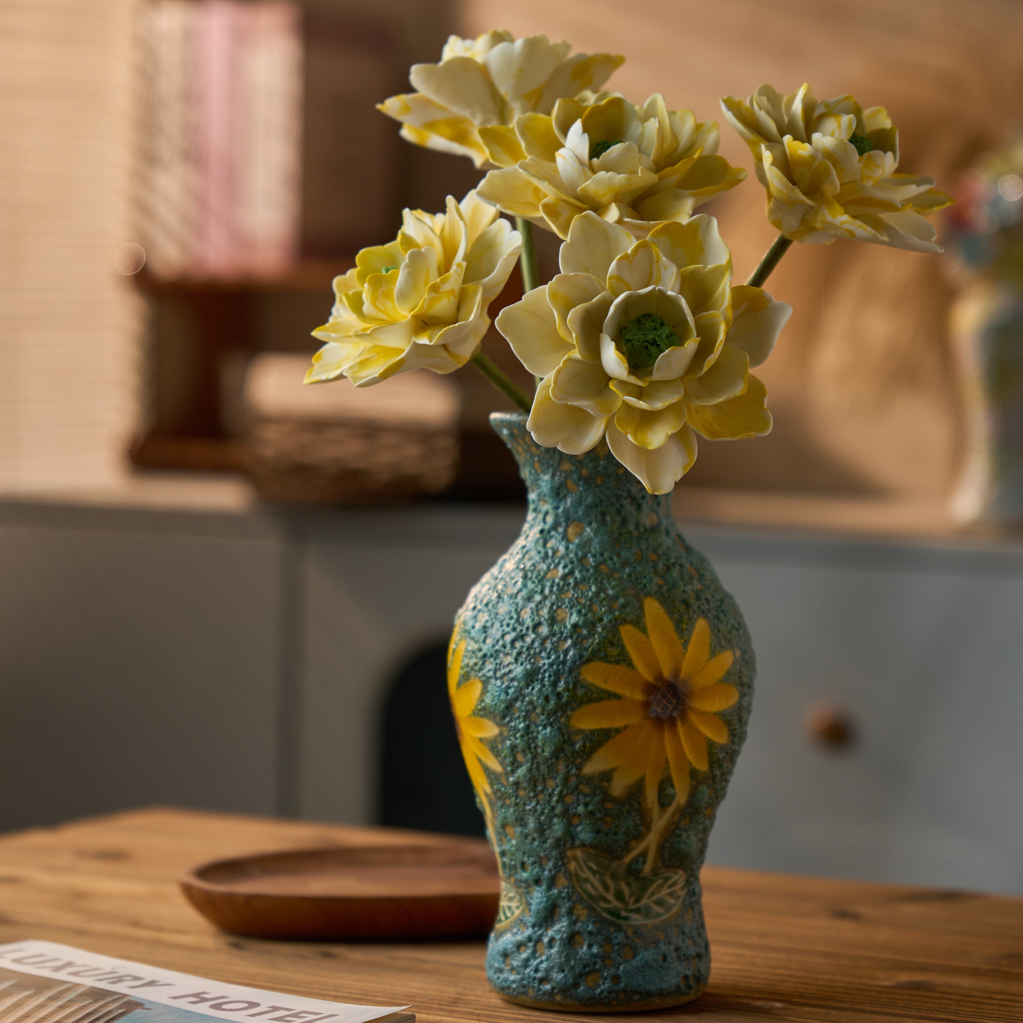 "The Peony Bloom Aroma" Set | Handcrafted Ceramic Peony Diffusers in Vase