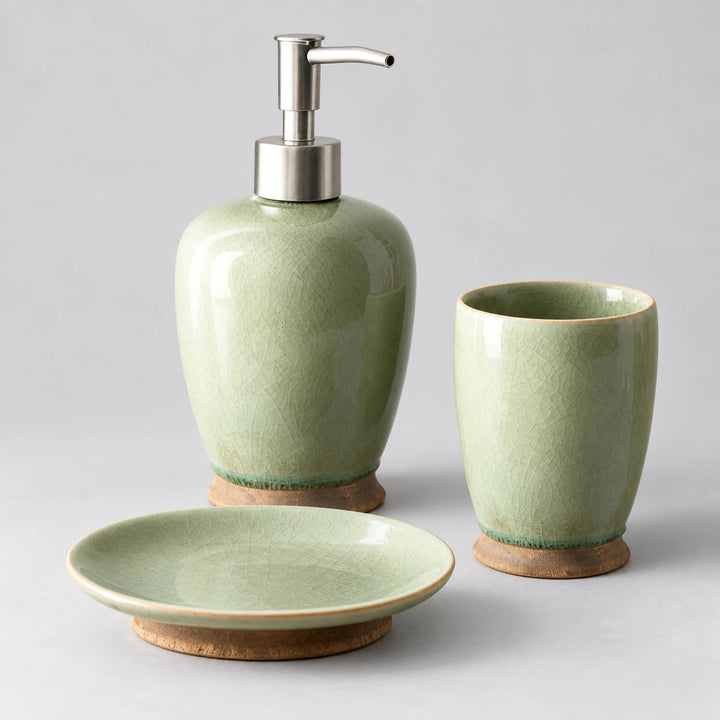 Willow Sage three-piece ceramic bathroom set with pump dispenser, open cup and soap dish.