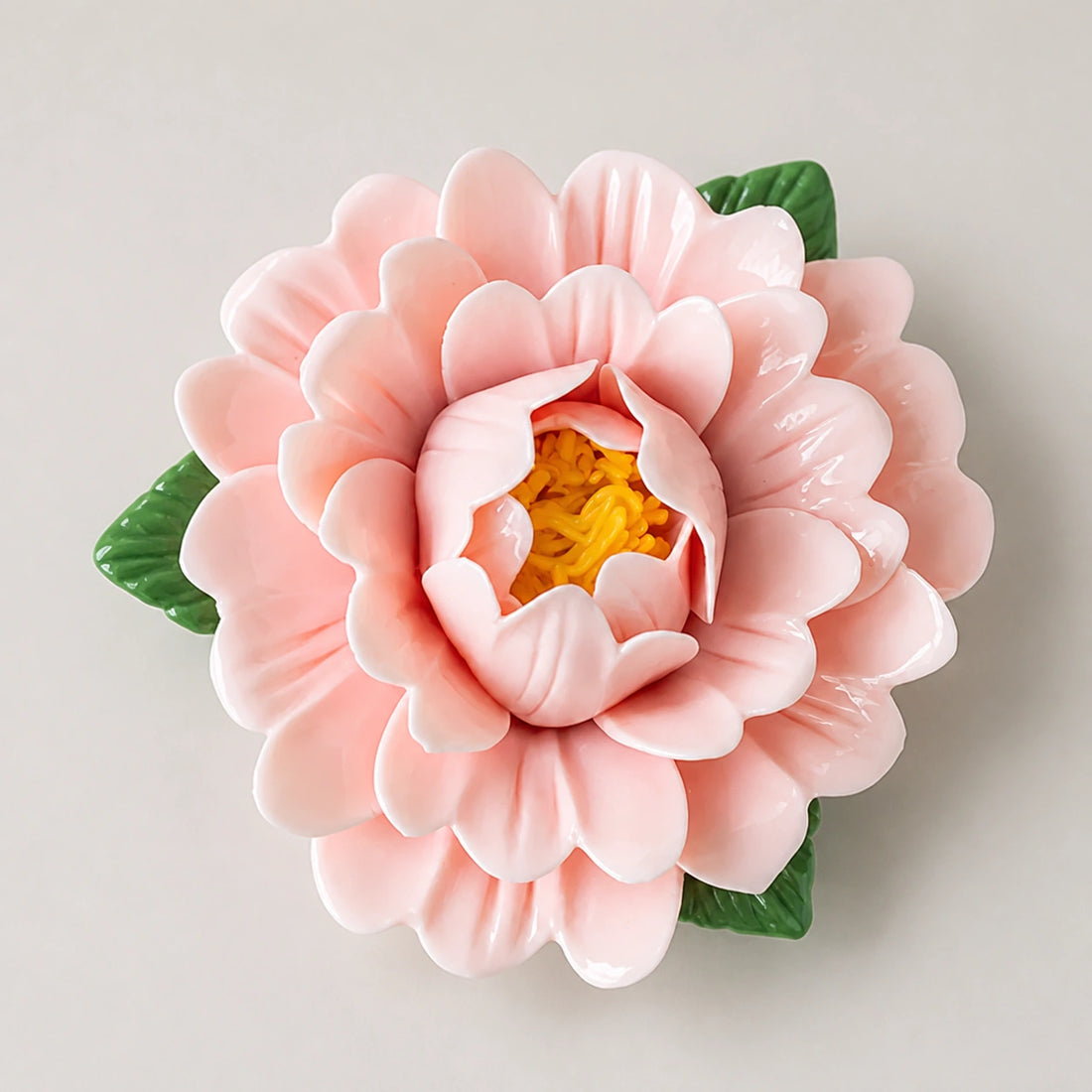 Blush Pink ceramic peony refrigerator magnet on a light neutral background.