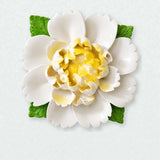 Extra Large Ruffled Peony Ceramic Wall Flower in Golden Yellow Accent on a pale neutral studio wall.