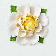 Extra Large Ruffled Peony Ceramic Wall Flower in Golden Yellow Accent on a pale neutral studio wall.