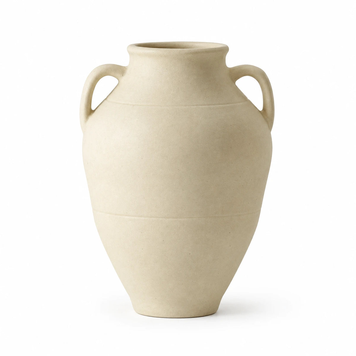 Ivory matte ceramic vase with two petite ear handles on a white background