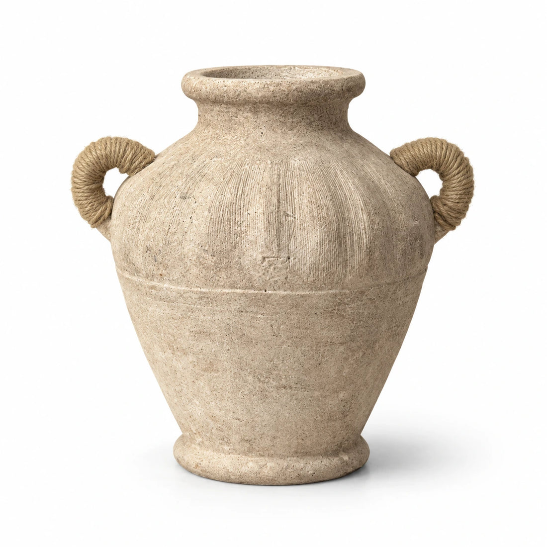 Weathered sand beige ceramic urn vase with two rope-wrapped round handles and a raised foot