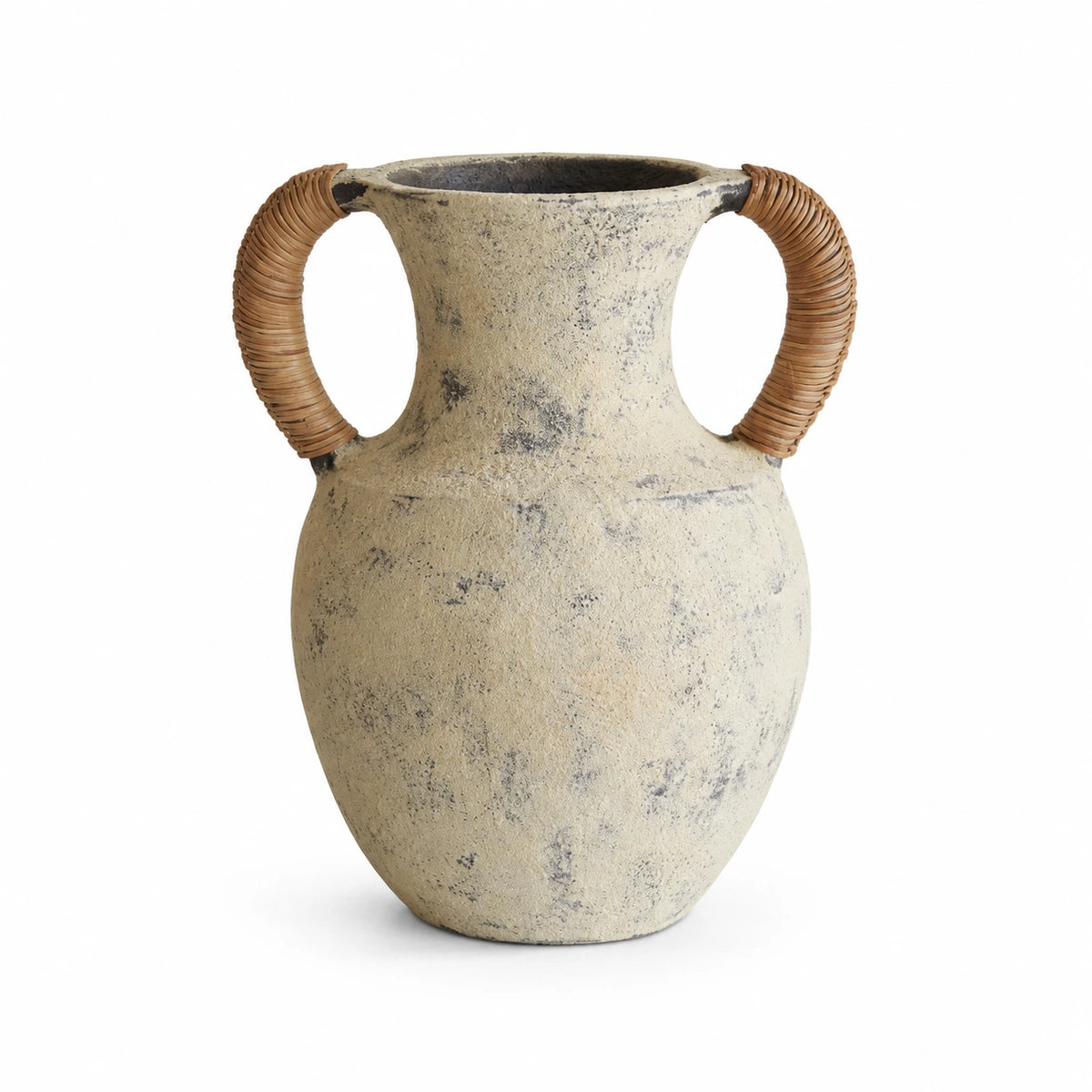 Round weathered ceramic vase with two woven-wrapped loop handles on a white background