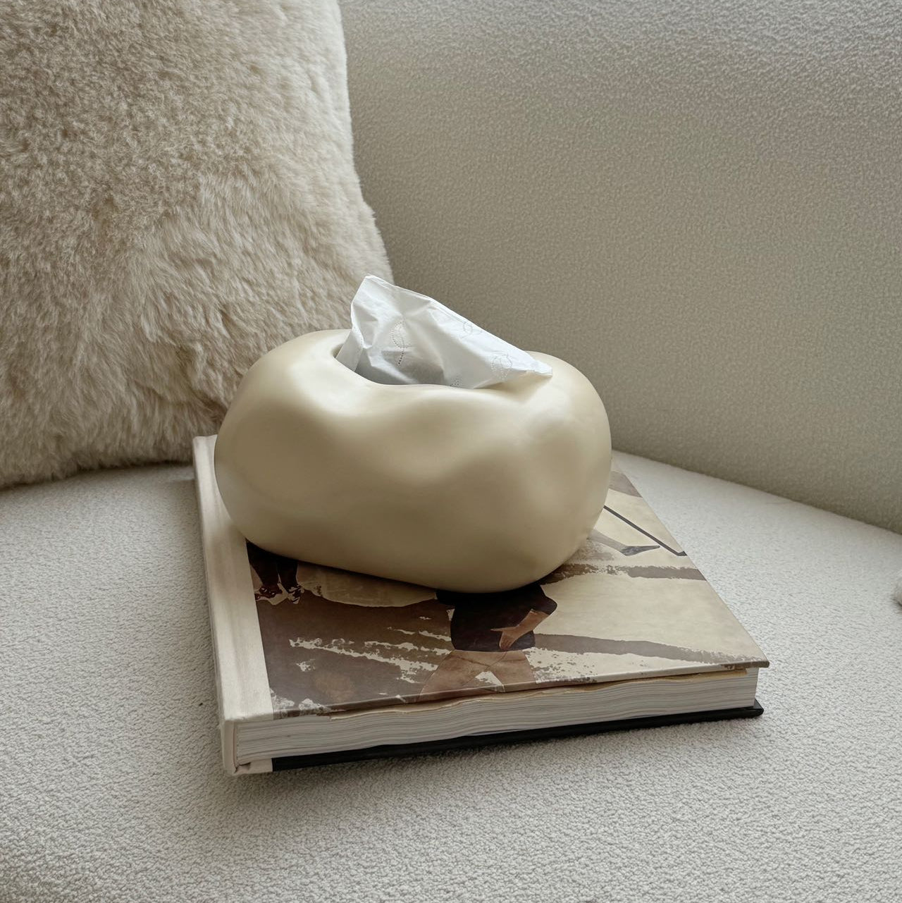 Tissue box on a book with a fluffy pillow and light background