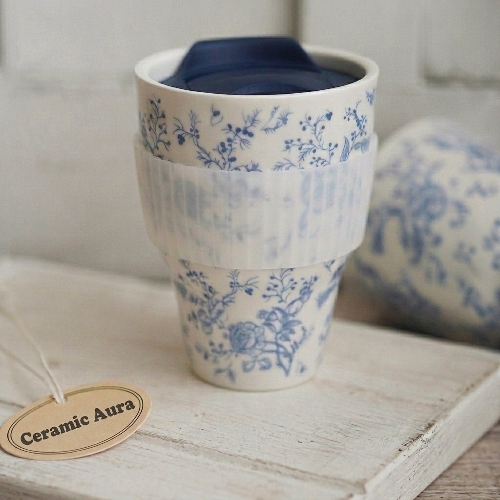 Azure Botanical Ceramic Travel Vessel | Chinoiserie Inspired Decor