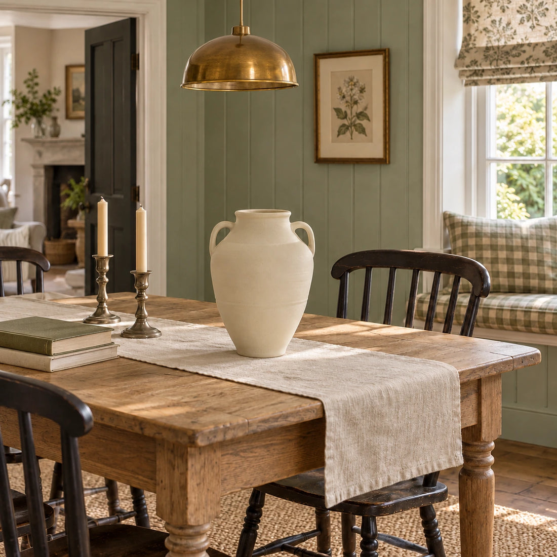 Empty ivory petite-handle vase on a linen-covered ash table in a furnished English country dining room