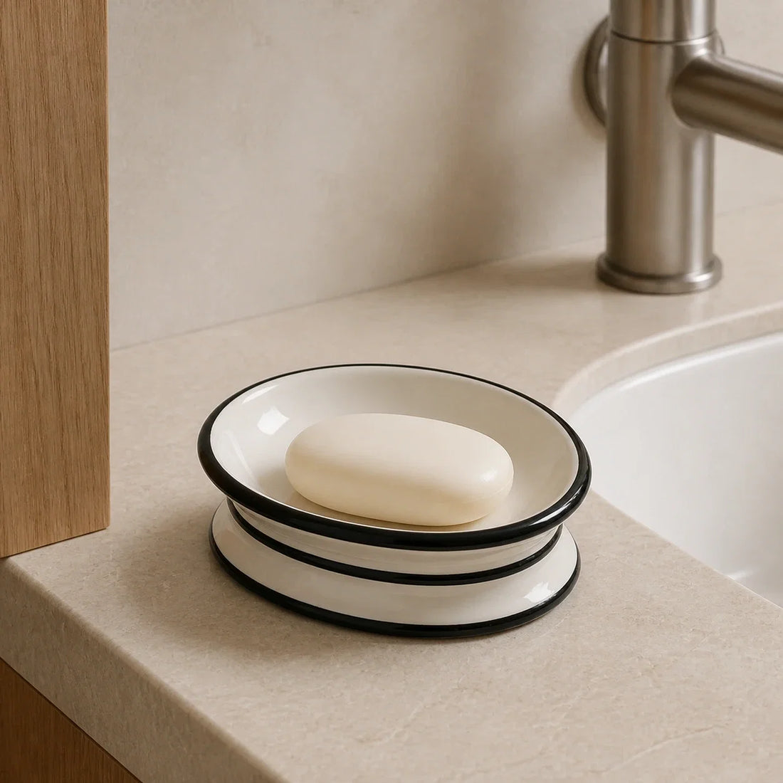 Oval ceramic soap dish with a cream bar on a compact bathroom vanity