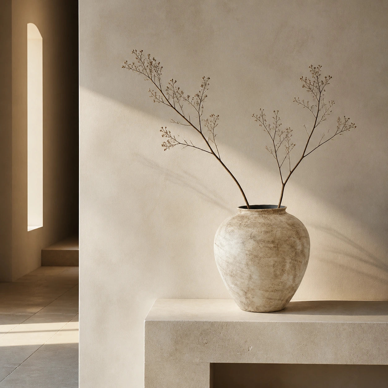 Large stone-textured ivory ceramic vase with three dried branches in a sunlit limestone entry gallery.