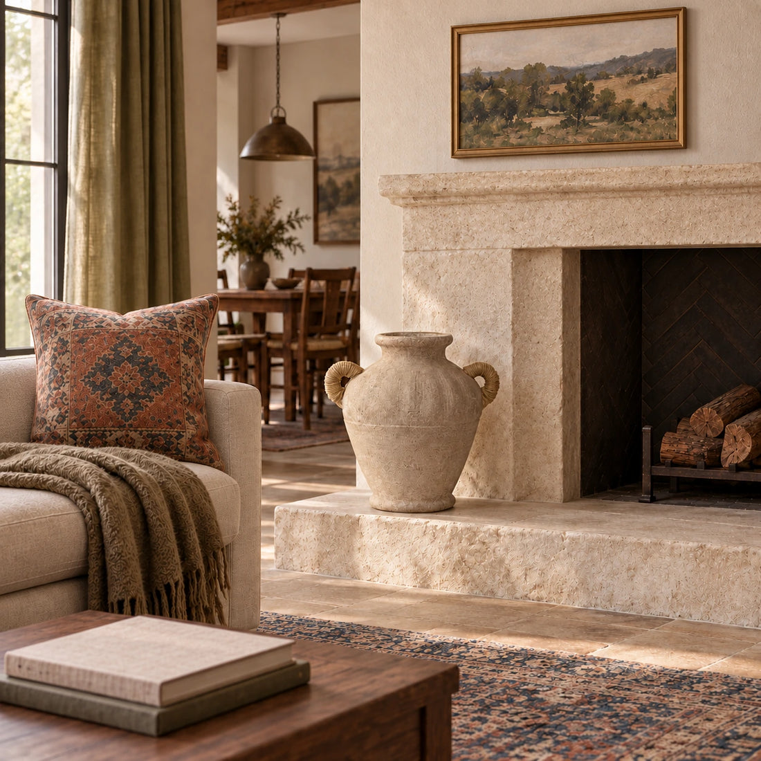 Empty rope-handle weathered vase on a stone hearth beside a linen sofa in a furnished Mediterranean living room