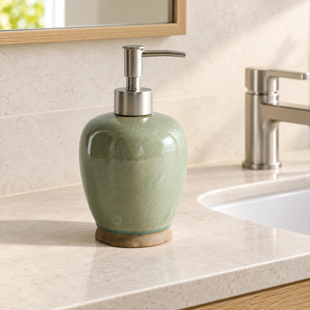 Willow Sage dispenser on a stone bathroom vanity beside a white basin, silver-tone faucet and light oak cabinet.