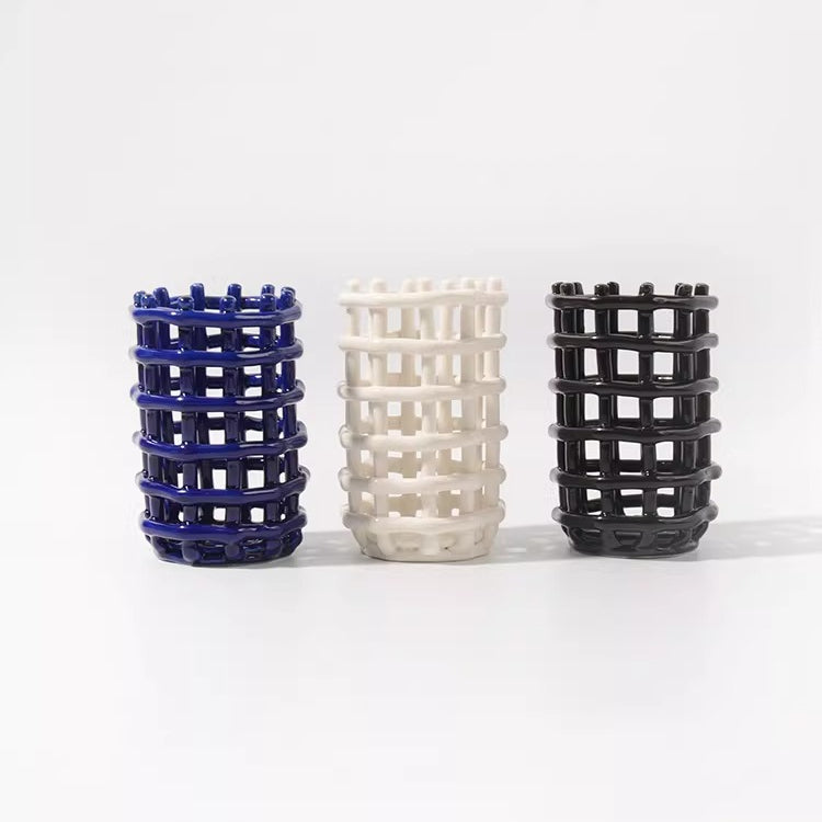 Hand-Finished Woven Lattice Ceramic Caddy | Modern Mesh Organizer