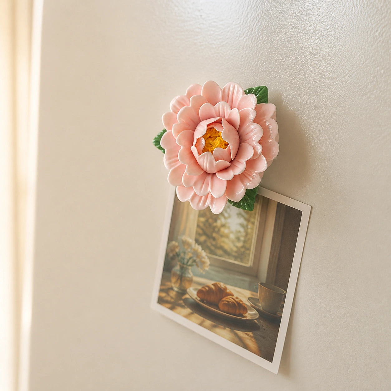 Aimant pivoine en céramique rose poudré retenant une photo de petit-déjeuner dominical.