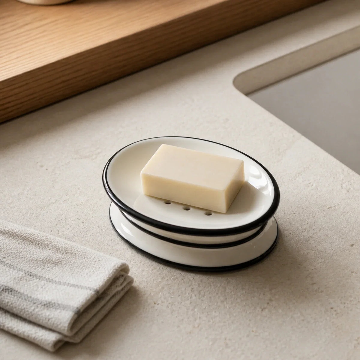 Black-rim ceramic soap dish with solid soap beside a kitchen sink