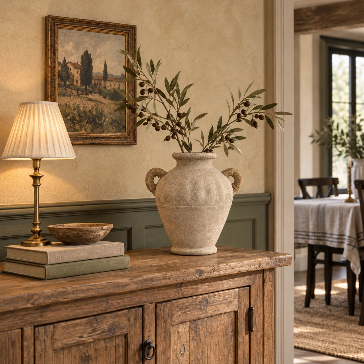 Weathered rope-handle vase with dry olive branches on a rustic sideboard with a brass lamp and framed landscape