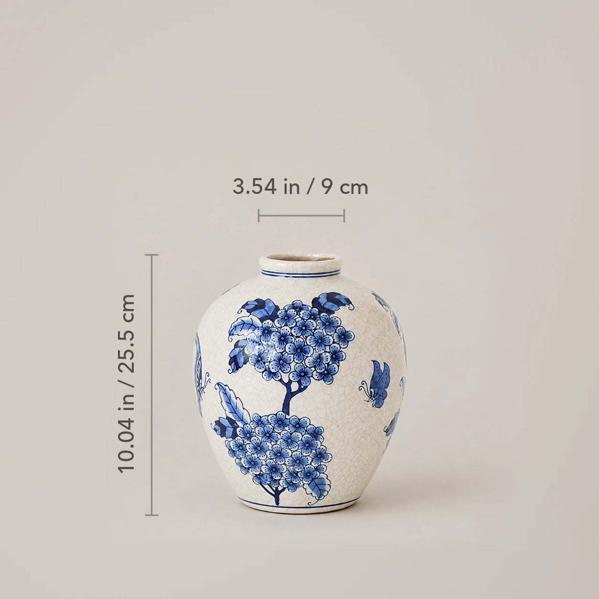 Small vase dimensions: 10.04 in (25.5 cm) tall, with a 3.54 in (9 cm) outer rim span.