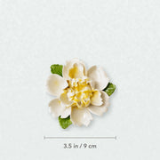 Medium Ruffled Peony Ceramic Wall Flower in Golden Yellow Accent with 3.5 in / 9 cm diameter shown.