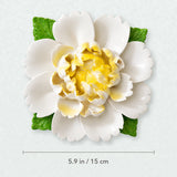 Extra Large Ruffled Peony Ceramic Wall Flower in Golden Yellow Accent with 5.9 in / 15 cm diameter shown.