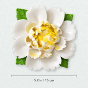 Extra Large Ruffled Peony Ceramic Wall Flower in Golden Yellow Accent with 5.9 in / 15 cm diameter shown.