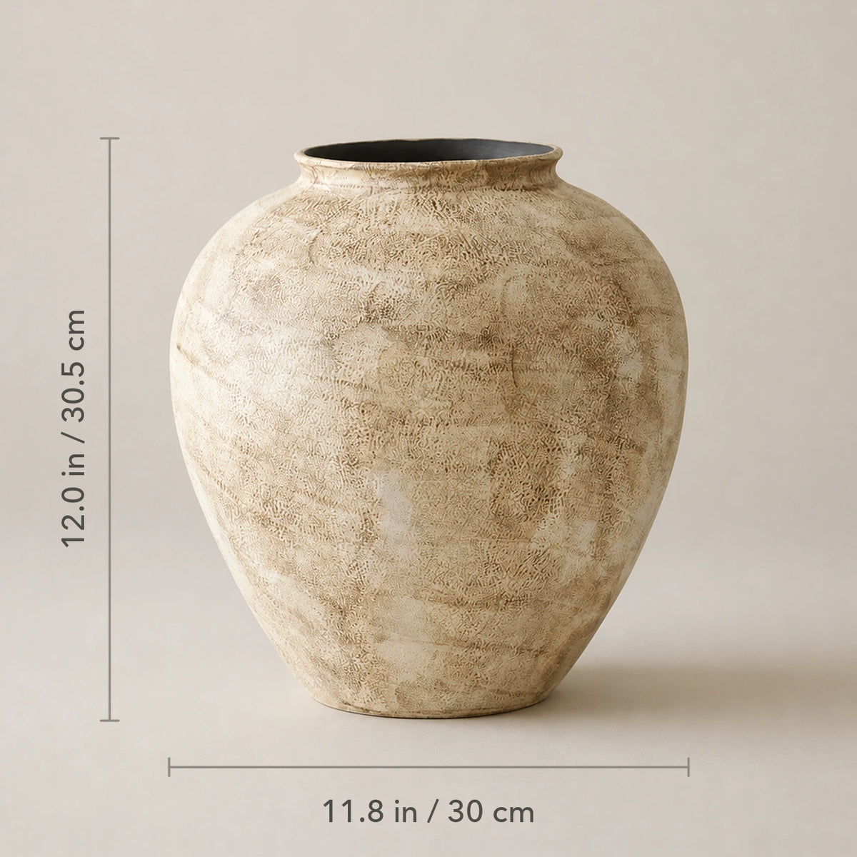Large stone-textured ceramic vase shown as 11.8 in wide and 12.0 in high.