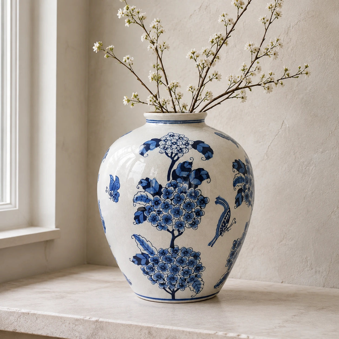 Large blue and white floral vase with white blossom branches on a pale stone ledge.