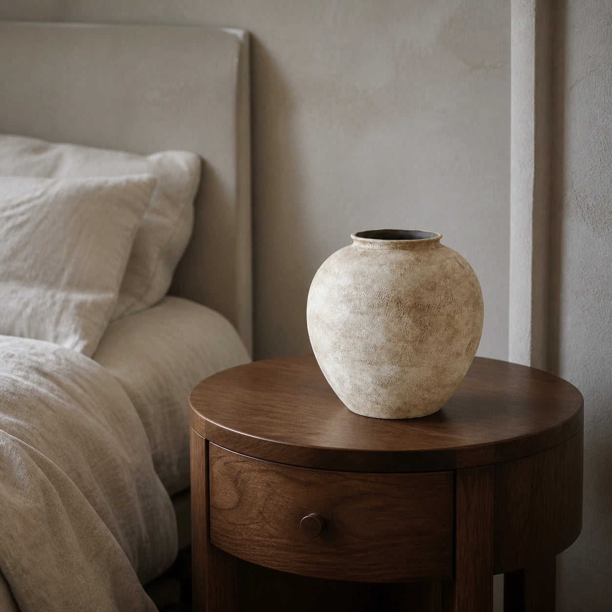 Small stone-textured ivory ceramic vase displayed empty on a rounded walnut bedside table.