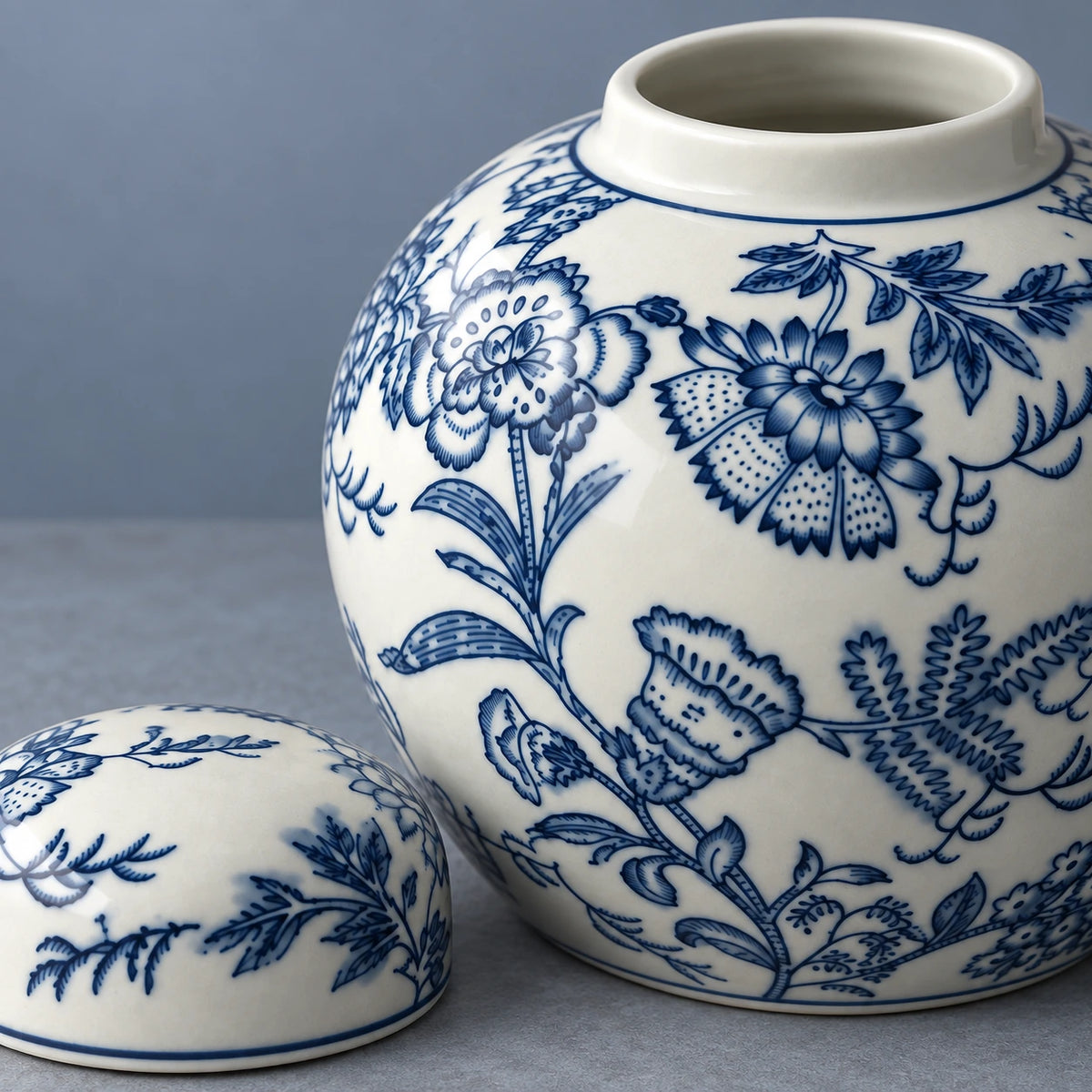 Nahansicht des kräftigen offenen Randes, des kobaltblauen Blumenmusters und des passenden flachen Deckels des runden Keramikgefäßes.